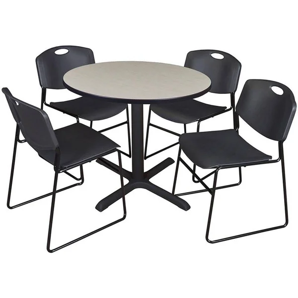 Cain 42x22 Round Breakroom Table- Maple & 4 Zeng Stack Chairs- Black - Regency - TB42RNDPL44BK
