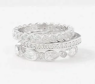 Diamonique Set of 3 Stackable Rings, Sterling Silver, Size 10, Silver