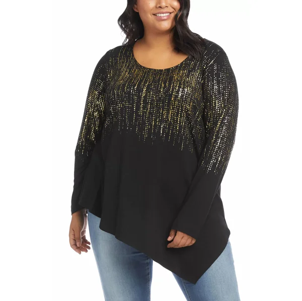 Karen Kane Plus Women's Printed Asymmetric Hem Top - Black - Size 2x