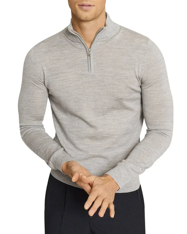 Reiss Blackhall - Merino Wool Zip Neck Jumper in Soft Grey Mouline, Mens, Size XL