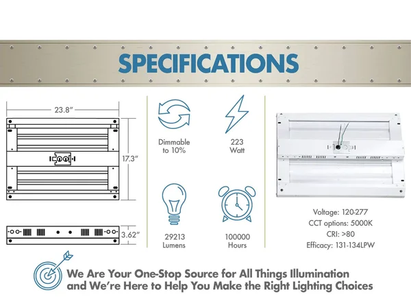 Condor G2 Premium LED High Bay - 223 Watt, 29213 Lumens, Comparable to 6 Lamp T5HO, 8 Lamp T8 or 400 or Higher Watt Fixture, 120
