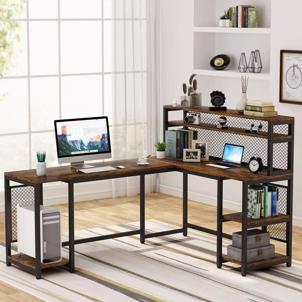 Tribesigns 67 inch Large L-Shaped Computer Desk with Hutch and Bookshelf, Home Office Desk with Storage Shelves and CPU Stand, B
