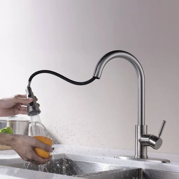 Kitchen Faucets with Pull Down Sprayer - Kablle Commercial Single Handle Brushed Nickel Kitchen Faucet, Single Level High Arch P