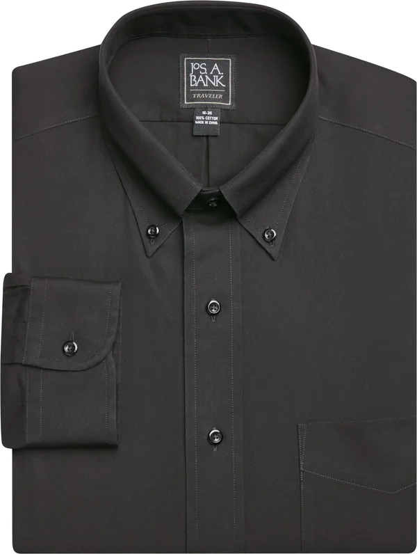 JoS. A. Bank Men's Traveler Collection Traditional Fit Button-Down Collar Dress Shirt - Big & Tall, Black, 16 1/2x36