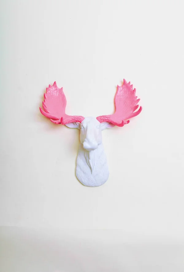 The Mini York, Moose Head, Faux Taxidermy, White Resin w/Pink