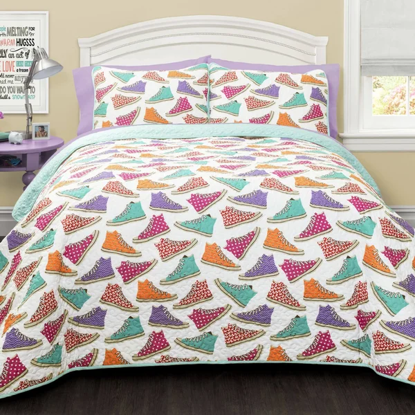 Lush Decor Canvas Shoes Quilt Turquoise Set Full/Queen