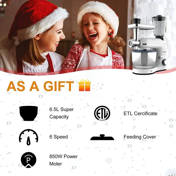 Nurxiovo 3 in 1 Stand Mixer - 850W Kitchen Food Mixer with 6 Speed and Pulse, Home Mixer Stand Up with 7qt Stainless Steel Bowl, Do