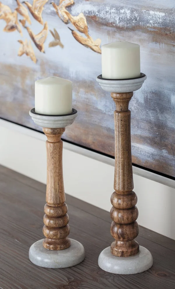 Decmode Tapered Mango Wood Candle Holders - Set of 2