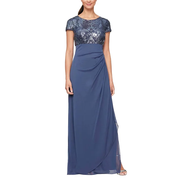 Alex Evenings Plus Size Jewel Neck Cap Sleeve Stretch Sequin Side Ruffle Gown - 18W