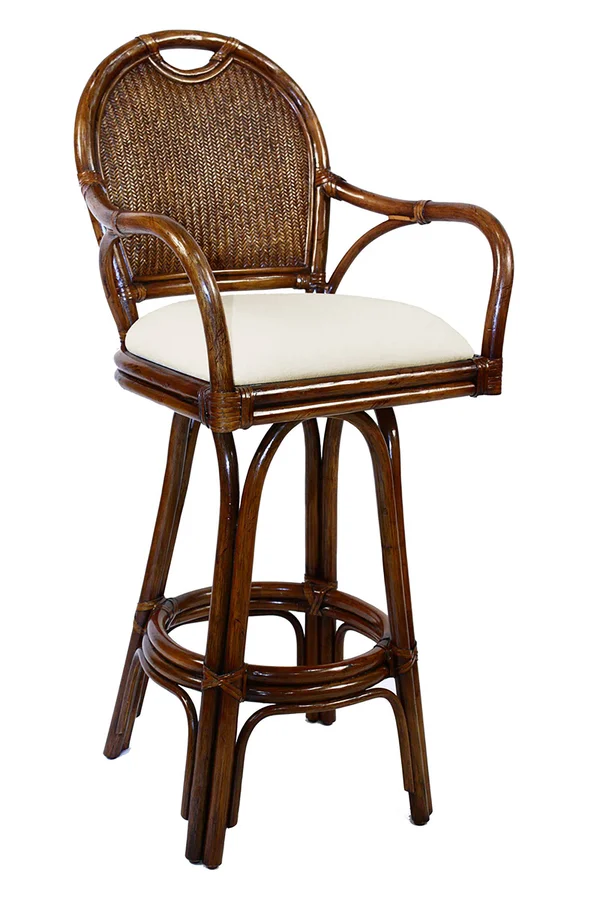Classic Indoor Swivel Rattan & Wicker 30x22 Barstool in TC Antique Finish - Hospitality Rattan Home 109-6197-TCA-B/RF-316