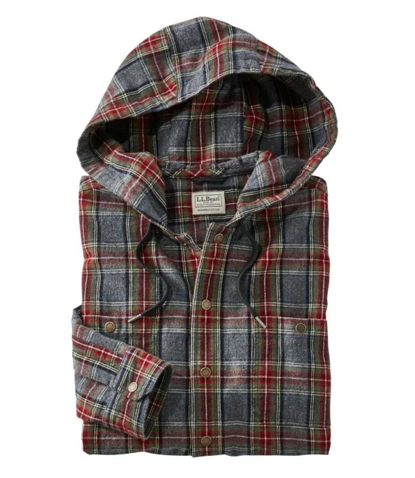 Scotch Plaid Flannel Hooded Shirt, Slightly Fitted Gray Large, L.L.Bean