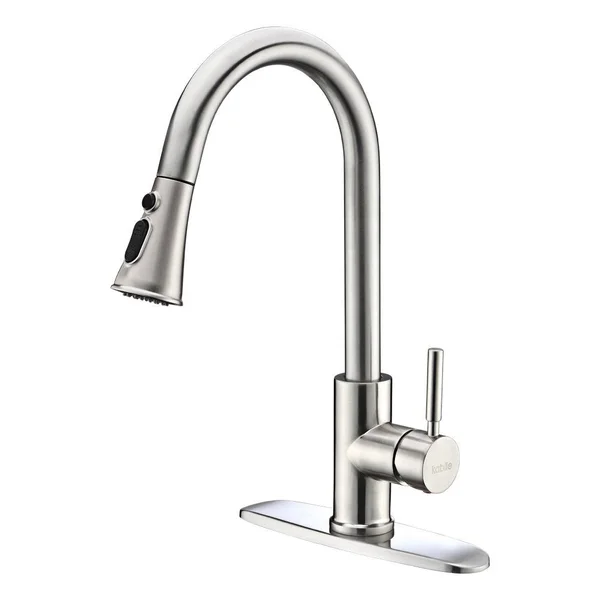 Kitchen Faucets with Pull Down Sprayer - Kablle Commercial Single Handle Brushed Nickel Kitchen Faucet, Single Level High Arch P