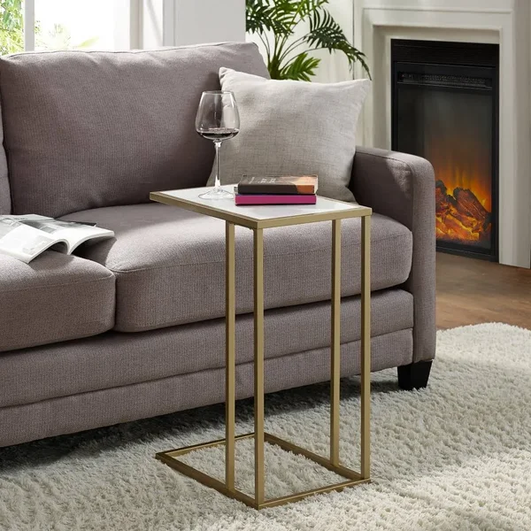 20x22 C-Table - White Faux Marble/ Gold