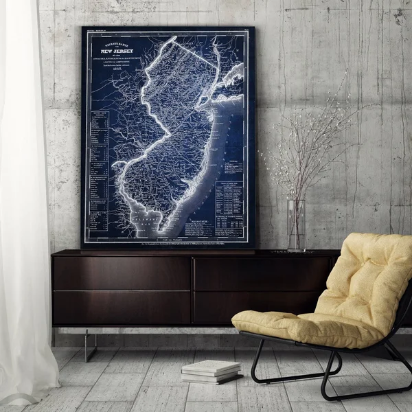 Wexford Home &Vintage Map New Jersey Blue& Graphic Art Print on Wrapped Canvas, White