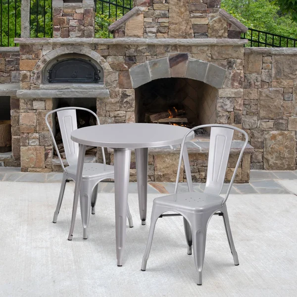 Round Silver Metal Indoor-Outdoor Table Set with 2 Cafe Chairs