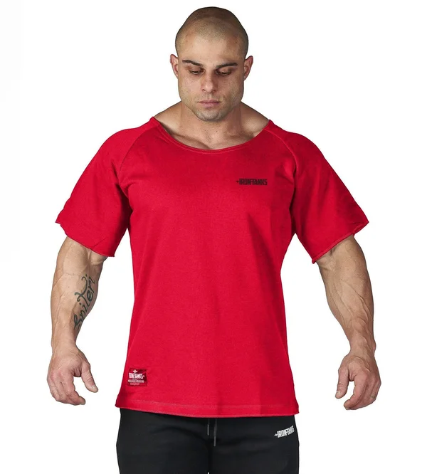 Men's BFG Heavy Rag Top Red Gym Bodybuilding Shirt, Iron Tanks, L