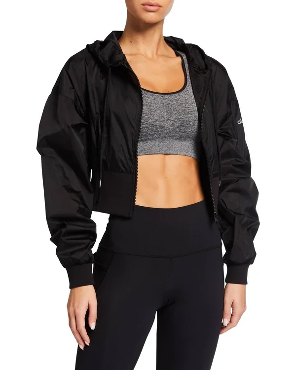 Alo Yoga Nebula Zip-Front Hooded Crop Jacket, Black, Women's, Small