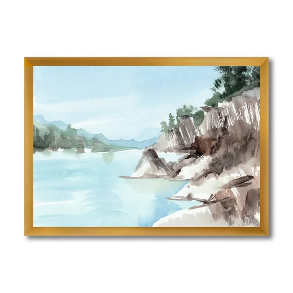 Designart 'Rocks by The Blue Lake' Lake House Framed Art Print - 20 in. Wide x 12 in. High - White