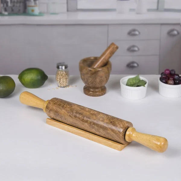 Creative Home 18x22 L Deluxe Genuine Mocha Marble Stone Rolling Pin with Wood Handles & Cradle