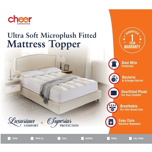 Cheer Collection Microplush Luxurious Alternative Down Mattress Pad, Topper and Protector (White - Twin)