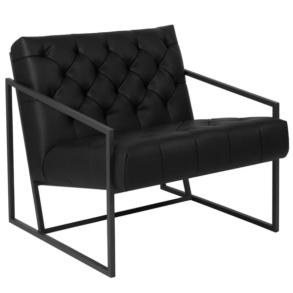 Merrick Lane Black Faux Leather Modern Lounge Chair with Tufted Seating and Dark Gray Metal Frame