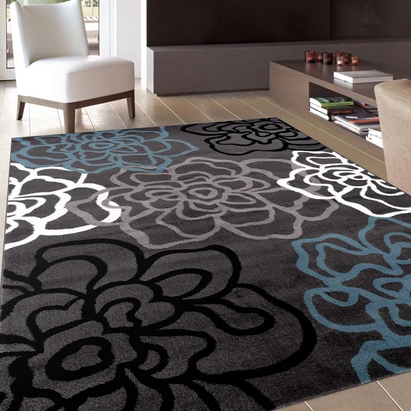 Contemporary Modern Floral Flowers Gray Area Rug 5& 3x22 x 7& 3x22