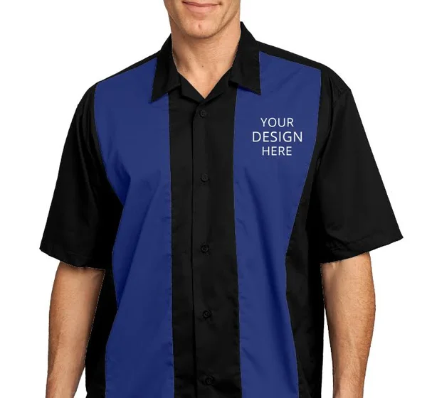 Custom Embroidered Port Authority Men's Bowling Shirts - Retro Camp Bowling Shirt, Size: Xs, Black/Royal