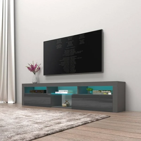 Meble Furniture & Rugs Bari 200 Wall Mounted Floating 79x22 TV Stand with 16 Color LEDs - White