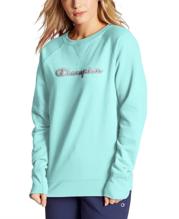 Champion Women's Powerblend Fleece Crew, Chainstitch Logo Amazing Aqua, M