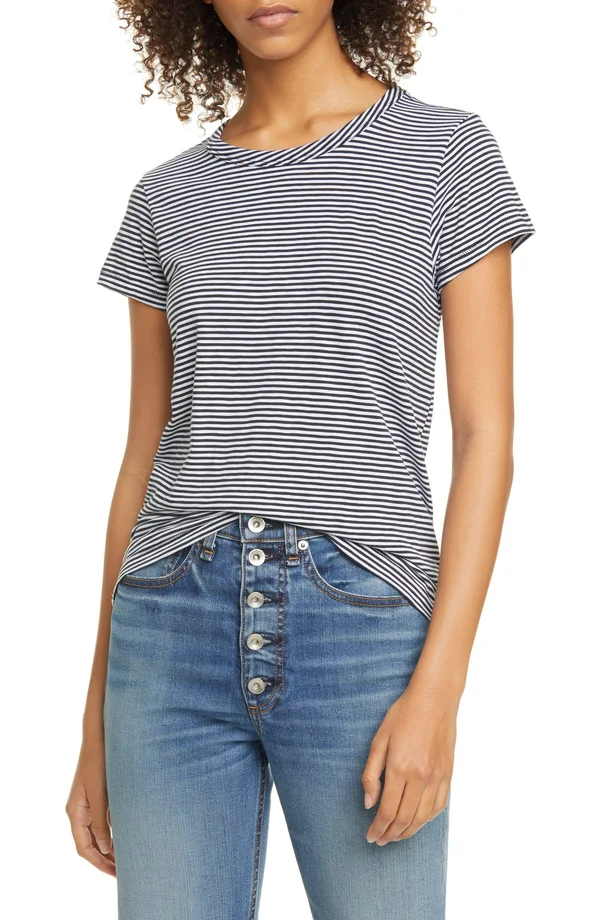 Rag & Bone Striped Crewneck Tee, Black, Women's, X-Small