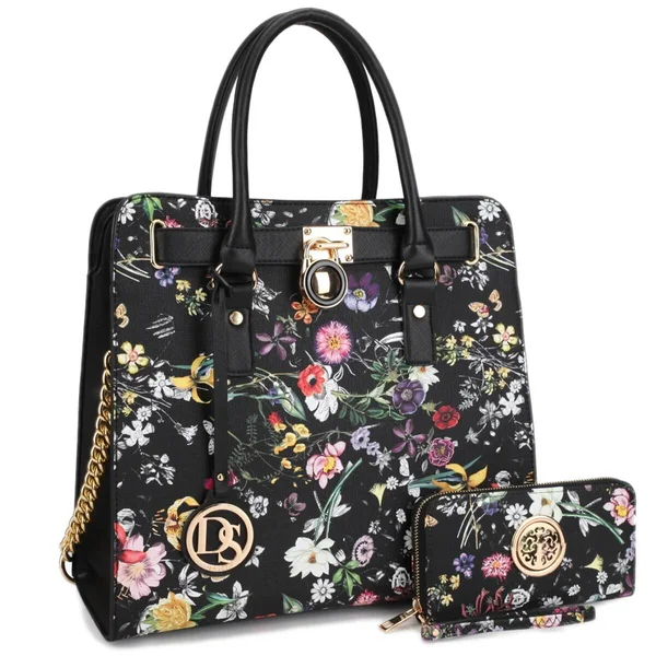 Dasein Large Flower Print Satchel with Matching Wallet White - Women's