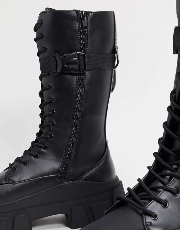 ASOS Design High Lace Up Calf Boots in Black Faux Leather on Chunky Sole with Pocket Detail