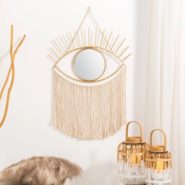 Glitzhome 37.50x22H Regency Modern/Boho Metal Eye Mirror with Tassels Hanging Decor - Two Gold