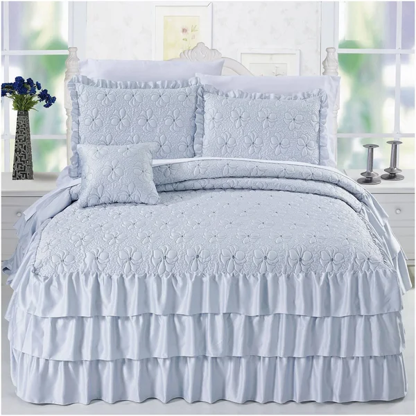Serenta 4 Piece Matte Satin Ruffle Quilted Bedspread Set - Pink, Queen