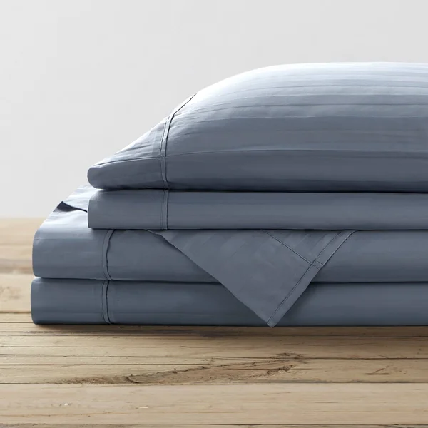 Brielle Home 100% Organic Cotton Dobby Stripe Sheet Set Queen - Blue
