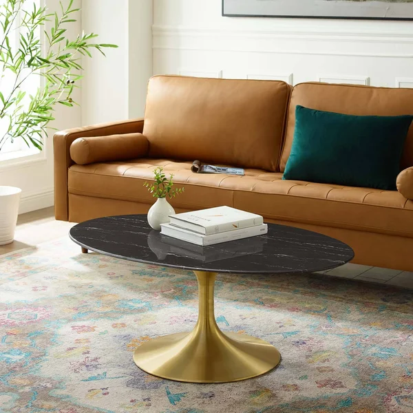 Modway Gold Black Lippa 42x22 Oval Artificial Marble Coffee Table