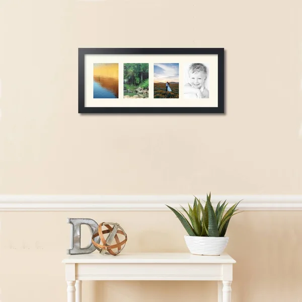 Collage Picture Frame, Satin Black Frame with 4 openings for 5x7 Photos with Ivory Off White Mat. D3926FZ15, ArtToFrames