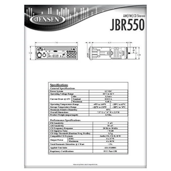 Jensen JBR550 Heavy Duty Am/fm/cd Stereo - 12 Volt dc, 160 Watts (4x40W) Output Power, Single Disc Cd/cdr/cdrw Playback, USA Am/f