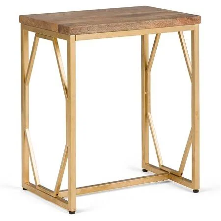 Simpli Home Selma Contemporary 13 inch Wide Metal and Wood Accent Side Table in Natural - Gold, End, Accent, Bed Side Table, for