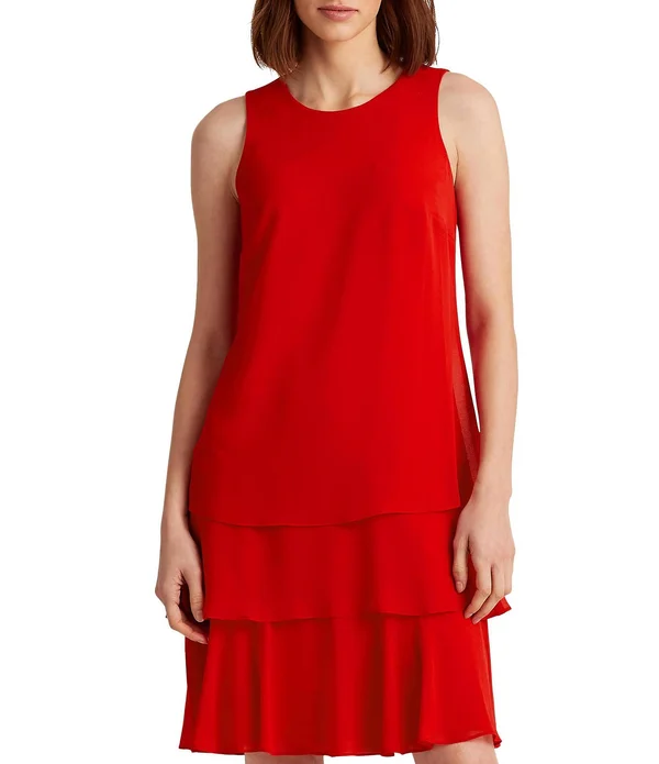 Lauren Ralph Lauren Georgette Layered Hem Sleeveless Shift Dress - Womens, 10, Red