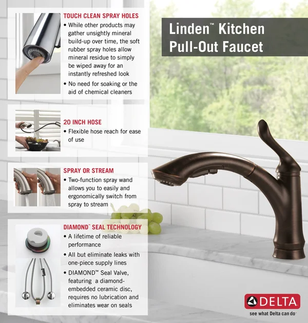 Delta Linden Single Handle Pull-Out Kitchen Faucet (Recertified) - Bronze, 4353-RB-DST