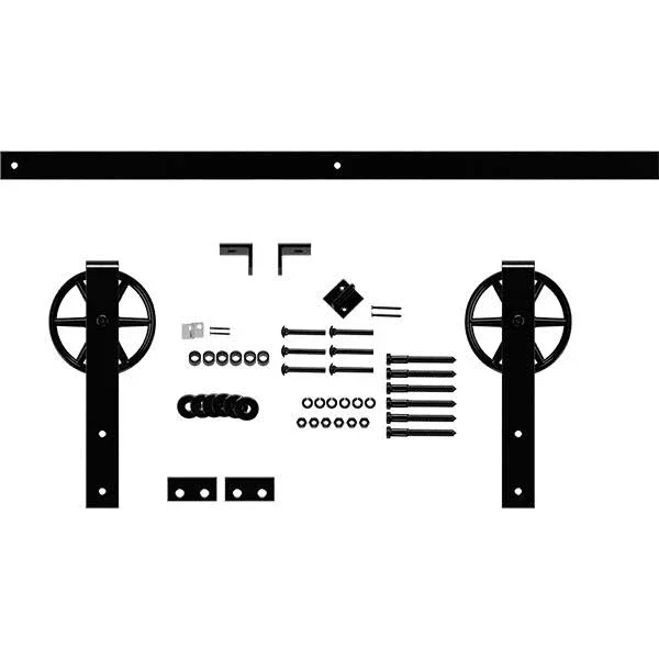 Goldberg Brothers Premium Wagon Wheel Strap Barn Door Hardware Set w/ 6& Track for 2 1/4 inch Doors - Black, Size: Track Length