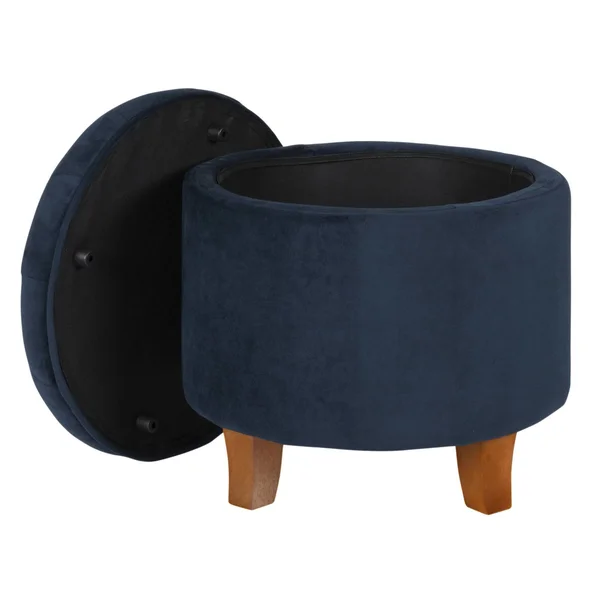 Button Tufted Velvet Upholstered Wooden with Hidden Storage Ottoman Dark Blue/Brown - Benzara