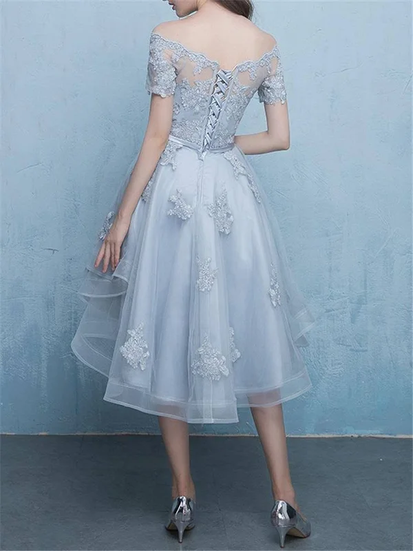 Blue Lace Elegant Floral Off Shoulder High-Low Cocktail Dress Gray - L
