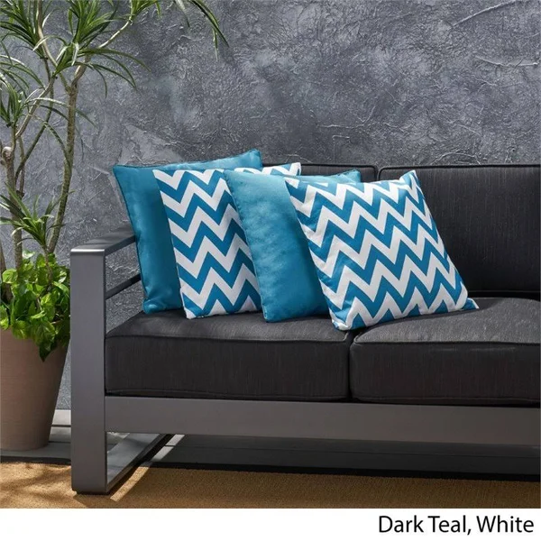 Greylin Outdoor Square Fabric Solid and Chevron Water Resistant Throw Pillows, Set of 4, Dark Teal, White