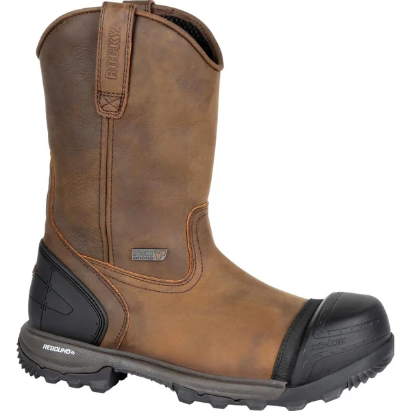 Men's Brown Rocky XO-Toe Composite Waterproof Pull-On Work Boot Size 8