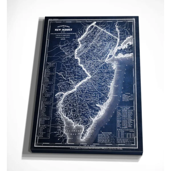 Wexford Home &Vintage Map New Jersey Blue& Graphic Art Print on Wrapped Canvas, White