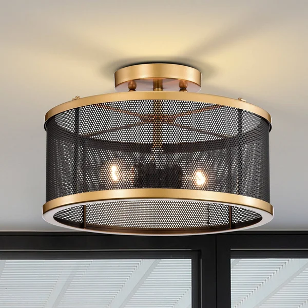 Perin Matte Black+Gold 2-Light Metal Drum Semi-Flush Mount 2015/2SF