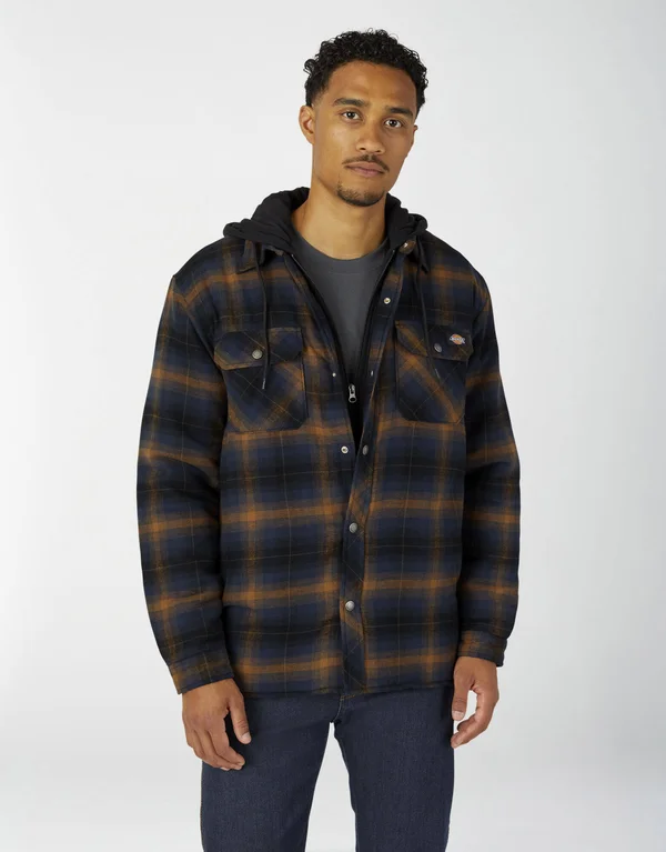 Dickies Men's Fleece Hooded Flannel Shirt Jacket w/Hydroshield (Size XXXL) Navy/Brown/Plaid, Cotton