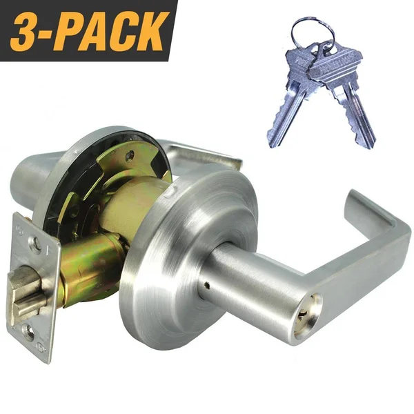Premier Lock Heavy-Duty Satin Chrome Grade 2 Switch Style Entry Storeroom Lever Lock Set with 6 SC1 Keys (3-Pack, Keyed Alike)